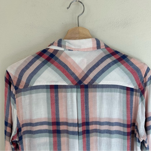 Rails Button-up Plaid Top Linen Blend Top Charlie White Melon Sage XS - Picture 4 of 10